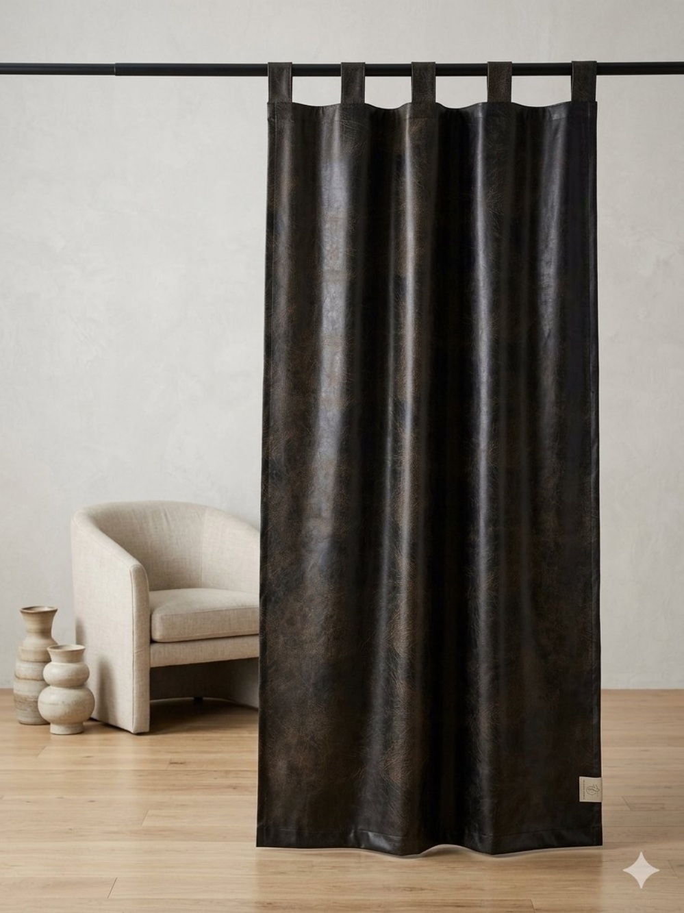 Set of 4 Distressed Faux Leather Curtains 5 Tab Chocolate Brown Pleather Panels